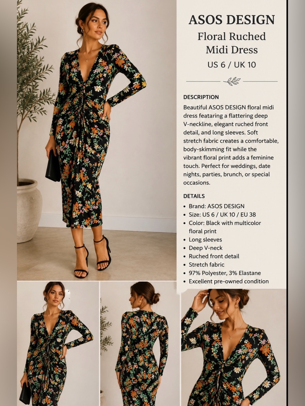 ASOS DESIGN Floral Ruched Long Sleeve Midi Dress US 6 UK 10